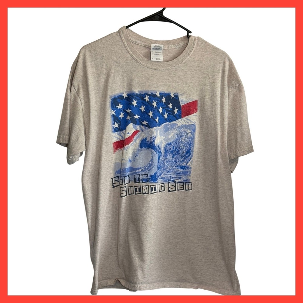 Gildan Ultra Cotton Sea To Shining Sea American Flag Wave T-Shirt Gray Large